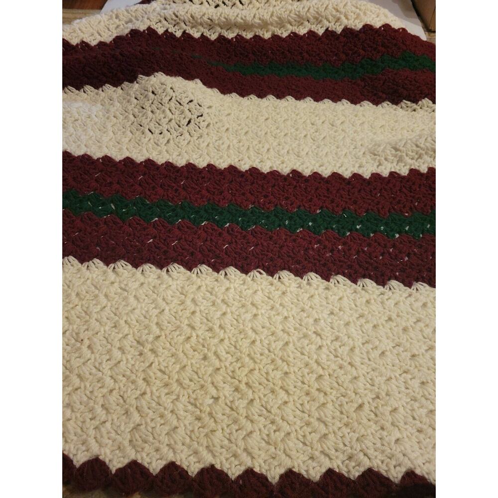 Granny Square Hand Crochet Afghan Maroon Green White 42X60
